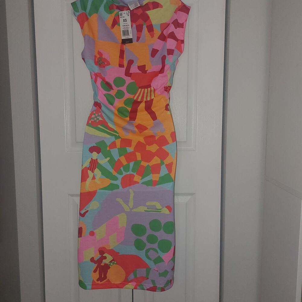 Adidas x Farm Rio Dress Training Midi Dress Gold/ Semi Solar red Love Island - Picture 5 of 14